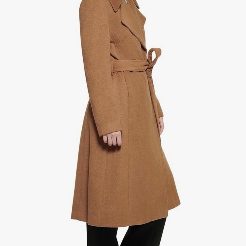 KARL LAGERFELD PARIS Camel Tan Midi Long Wool Blend Wrap Coat - Sz Medium, NWT - Picture 3 of 14